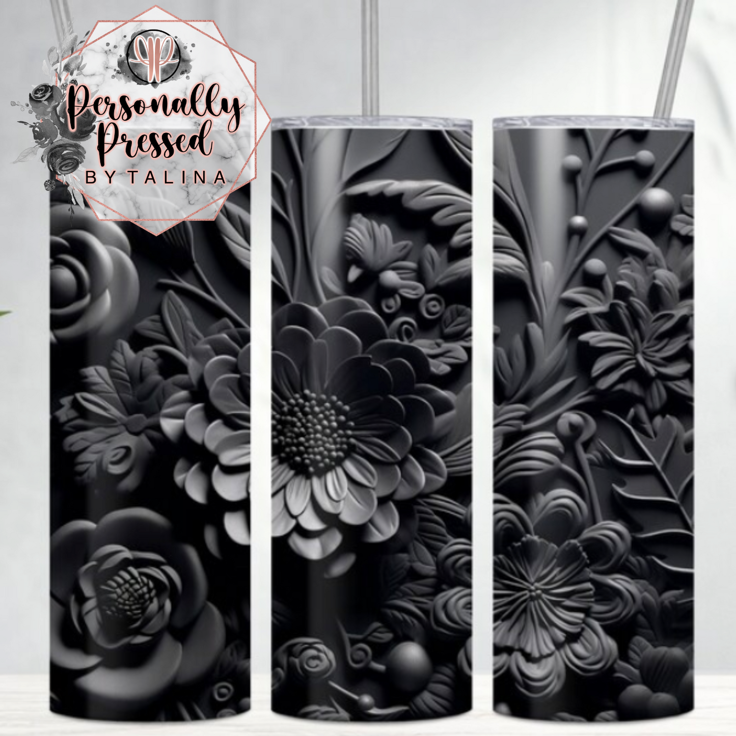 3D Black Flower Tumbler