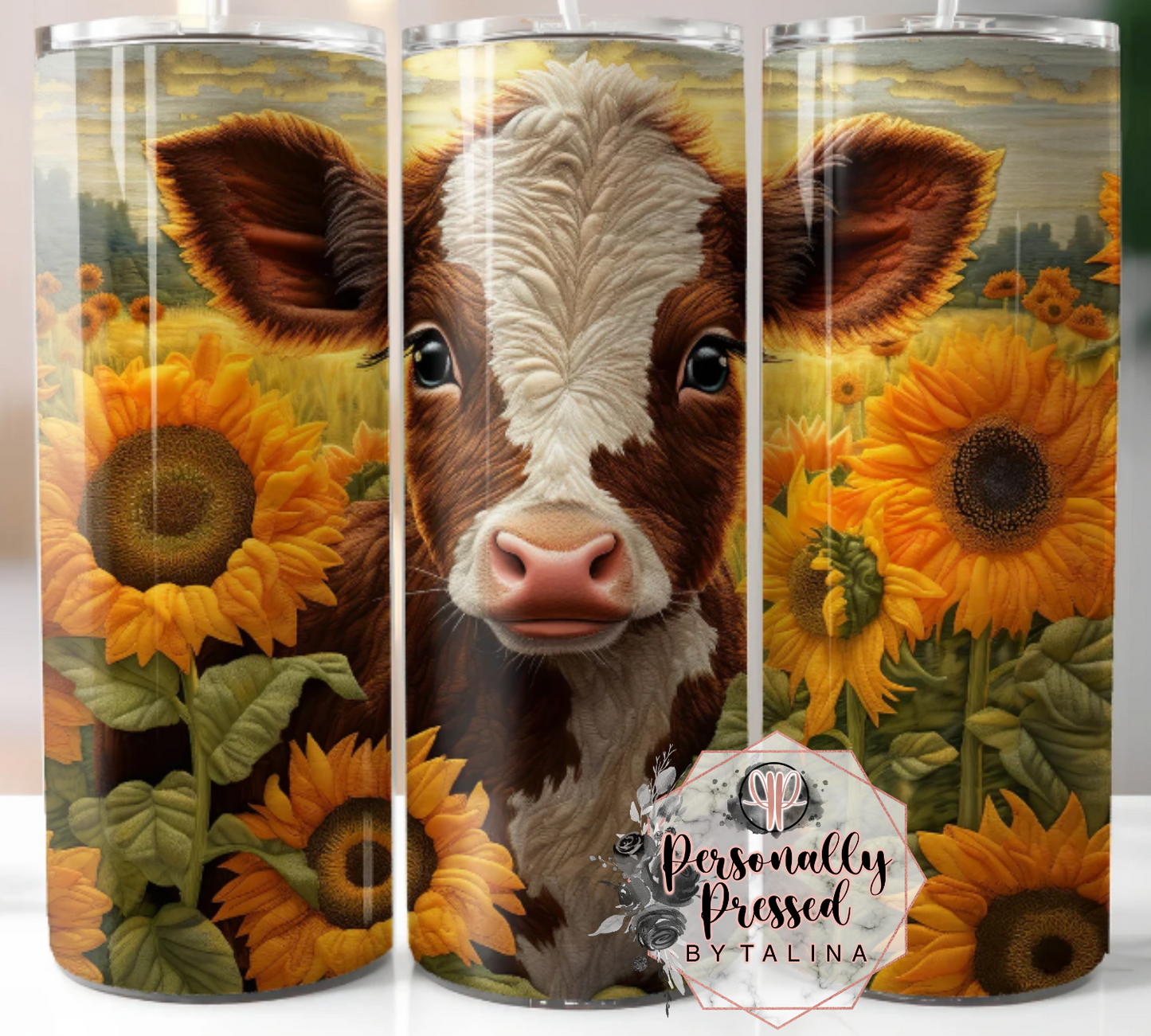 Puffy Sunflower Cow Tumbler